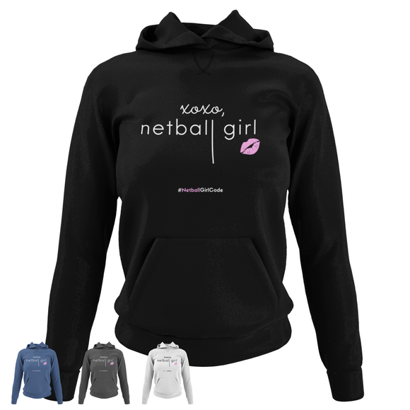 'xoxo Netball Girl' College Hoodie in Plus Sizes-Clothing-Netball Gifts-Netball Gifts and Clothing