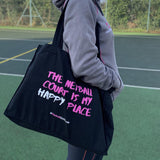 'The Netball Court is my Happy Place' Netball Shopping Tote Bag-Bags-Netball Gifts-Black-Netball Gifts and Clothing