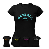 'Netball Varsity' Fitness Women's Black T-Shirt in Plus Sizes-Clothing-Netball Gifts-Netball Gifts and Clothing