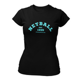 'Netball Varsity' Fitness Women's Black T-Shirt in Plus Sizes-Clothing-Netball Gifts-UK 20-Blue Logo-Netball Gifts and Clothing