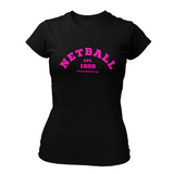 'Netball Varsity' Fitness Women's Black T-Shirt-Clothing-Netball Gifts-XS-Hot Pink Logo-Netball Gifts and Clothing
