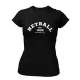 'Netball Varsity' Fitness Women's Black T-Shirt-Clothing-Netball Gifts-XS-White Logo-Netball Gifts and Clothing