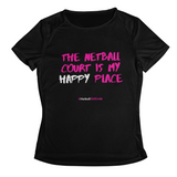 'The Netball Court is my Happy Place' Kids Performance Netball T-Shirt-Clothing-Netball Gifts-3-4-Black-Netball Gifts and Clothing
