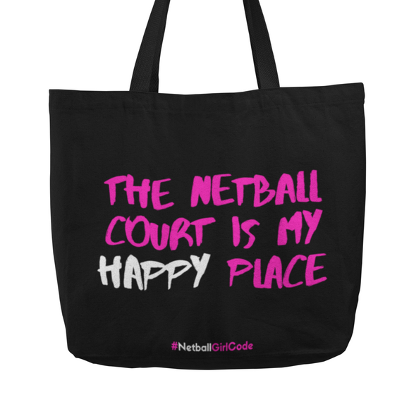 'The Netball Court is my Happy Place' Netball Shopping Tote Bag-Bags-Netball Gifts-Black-Netball Gifts and Clothing