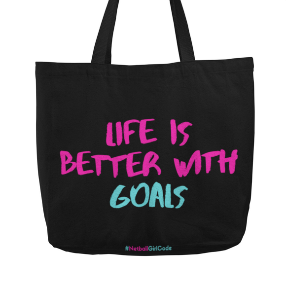 'Life is Better with Goals' Netball Shopping Tote Bag-Bags-Netball Gifts-Black-Netball Gifts and Clothing