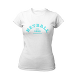 'Netball Varsity' Fitness Women's White T-Shirt-Clothing-Netball Gifts-XS-Blue Logo-Netball Gifts and Clothing