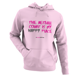 'Netball Court is my Happy Place' Kids Hoodie-Clothing-Netball Gifts-Light Pink-Age 3-4-Netball Gifts and Clothing