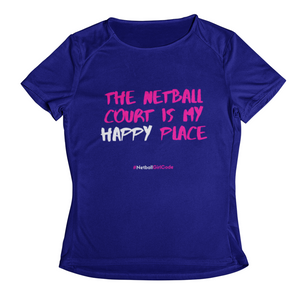 'The Netball Court is my Happy Place' Kids Performance Netball T-Shirt-Clothing-Netball Gifts-Netball Gifts and Clothing