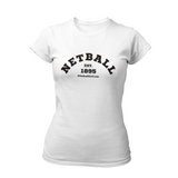 'Netball Varsity' Fitness Women's White T-Shirt-Clothing-Netball Gifts-XS-Black Logo-Netball Gifts and Clothing