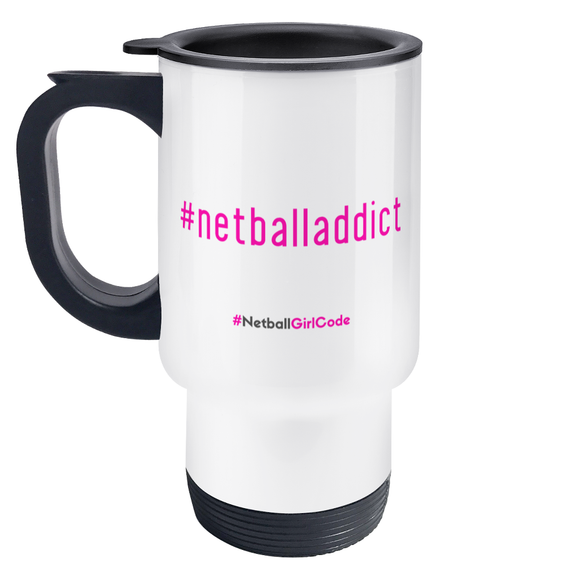 'Netball Addict' Travel Mug-Mugs & Drinkware-Netball Gifts-Stainless Steel-White-Netball Gifts and Clothing