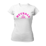 'Netball Varsity' Fitness Women's White T-Shirt-Clothing-Netball Gifts-XS-Hot Pink Logo-Netball Gifts and Clothing