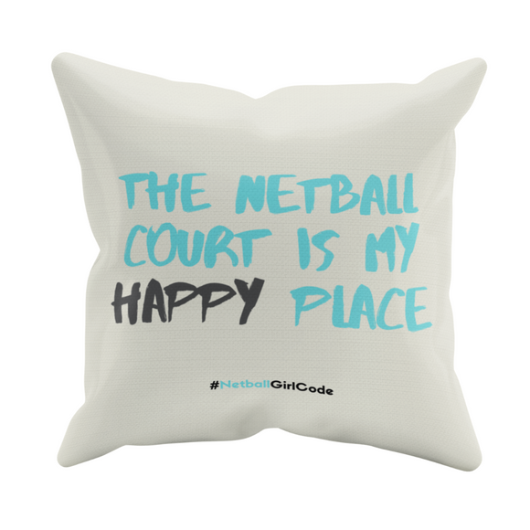 'The Netball Court is my Happy Place' Fair-Trade Sofa Cushion in Blue-Cushions-Netball Gifts-Cover Only-Netball Gifts and Clothing