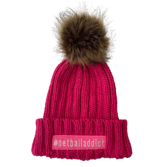 'Netball Addict' Hot Pink Knitted Beanie Bobble Hat-Homeware & Accessories-Netball Gifts-Netball Gifts and Clothing