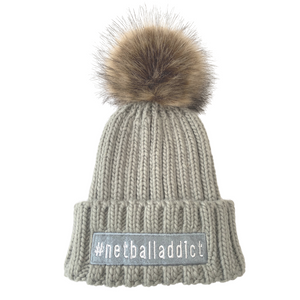 'Netball Addict' Grey Knitted Beanie Bobble Hat-Homeware & Accessories-Netball Gifts-Netball Gifts and Clothing