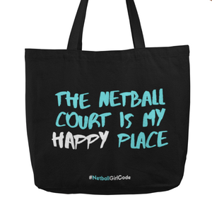 'The Netball Court is my Happy Place' Netball Shopping Tote Bag-Bags-Netball Gifts-Black-Netball Gifts and Clothing