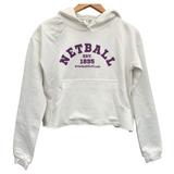 'Netball Varsity' Cropped College Hoodie-Clothing-Netball Gifts-XXS-Purple Writing-Netball Gifts and Clothing